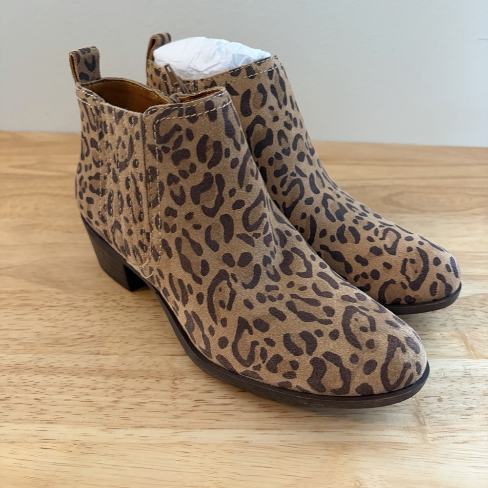 NWOT Lucky Brand Bimare Ankle Bootie Size 6 Zipper ‎ Leopard Print Brown Heel